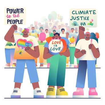 A group of diverse individuals is standing together at a rally, each holding unique protest signs. One sign made from sturdy cardboard features the phrase "Power to the People" in bold, colorful letters, surrounded by hand-drawn illustrations of raised fists. Another sign showcases a vibrant rainbow-colored heart with the words "Love is Love" written in cursive. A third participant is holding a large, eye-catching sign that states "Climate Justice Now" with images of trees and the Earth. In the background, a crowd of supporters can be seen, some wearing matching t-shirts, further emphasizing the community spirit of the event. The atmosphere is filled with energy and purpose as they unite for their cause.