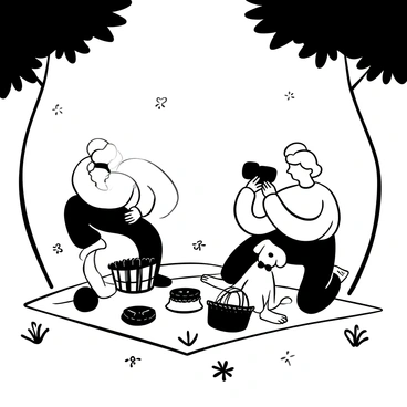 A photographer crouching on a picnic blanket with a camera raised, focusing on a puppy wearing a bowtie. The puppy is playfully sitting with its paws on the blanket, surrounded by a spread of picnic items like a basket and a small cake. Sunlight filters through tree branches, creating dappled shadows on the blanket. A few colorful flowers are scattered around, adding to the cheerful atmosphere.