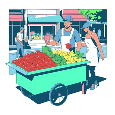 A teal street vendor cart is filled with an abundance of fresh fruits and vegetables. The cart displays vibrant red apples, yellow bananas, and green bell peppers, all neatly arranged. The vendor, wearing a white apron and a blue cap, is cheerfully interacting with a customer who is selecting produce. In the background, people are walking by, and there are colorful shop signs lining the street, creating a lively urban atmosphere. Bright sunlight illuminates the scene, highlighting the freshness of the produce.