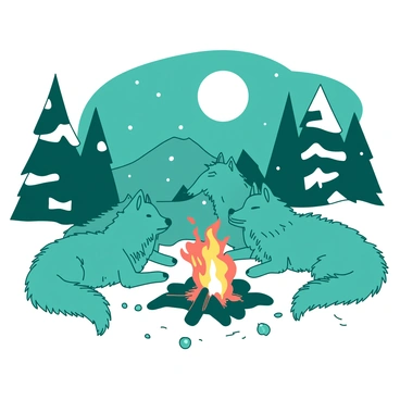 A group of teal wolves is gathered around a flickering fire in a snowy landscape. The wolves have thick fur coats that appear slightly ruffled by the cold wind. Snowflakes are gently falling around them, creating a serene atmosphere. The fire emits a warm orange glow, contrasting with the cool tones of the snow and the wolves' fur. In the background, snow-covered trees stand tall, and the full moon is visible in the night sky. The wolves are sitting close to each other, some with their heads raised, watching the flames, while others are lying down, resting comfortably on the soft snow.
