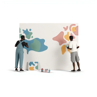 Two artists are working together on a large mural that spans the entire wall. One artist, wearing a black shirt and denim overalls, is applying vibrant blue and green paint to the left side of the mural, creating abstract shapes. The other artist, dressed in a white t-shirt and cargo shorts, is on the right side, adding bold red and yellow patterns that contrast with the colors of the first artist. Canvases, paintbrushes, and spray paint cans are scattered around them, illustrating their creative process. Both artists are focused on their work, occasionally glancing at each other to ensure their styles are harmoniously blending.
