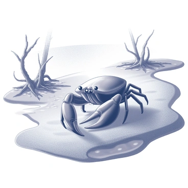 A crab is moving quickly across the mudflats. The crab has a glossy shell with distinct pincers. The mudflats are textured, showing wet and dry areas, with small puddles reflecting light. In the background, there are mangrove trees with twisted roots extending into the mud, creating a natural frame around the scene. The atmosphere suggests a humid environment, and the texture of the mud varies from smooth to rough, indicating the diversity of the swamp ecosystem.
