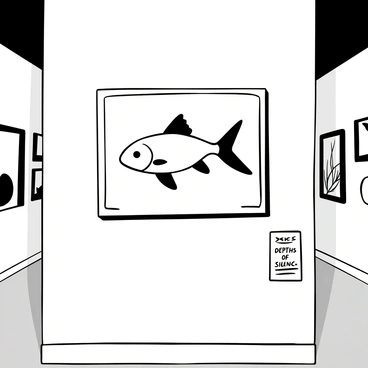A large catfish displayed in a frame on the wall of an art gallery. The catfish is depicted in a detailed manner, showcasing its distinctive fins and body shape. Beneath the artwork, there is a small plaque with the title "The Depths of Silence." The gallery walls are adorned with other framed artworks, creating a sense of an elegant exhibition space. Soft shadows fall across the floor, enhancing the atmosphere of the gallery.