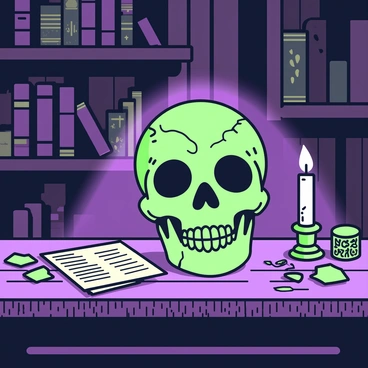 A skull is positioned on a weathered wooden table in a dimly lit room. The skull is intricately detailed, with cracks and crevices visible on its surface. It emits a ghostly glow, casting a soft light that illuminates the surrounding area. Shadows dance along the walls, which are lined with old, dusty bookshelves filled with tomes. On the table, scattered parchment and an ink pot are present, adding to the eerie atmosphere. A flickering candle stands nearby, its flame casting wavering shadows over the scene.