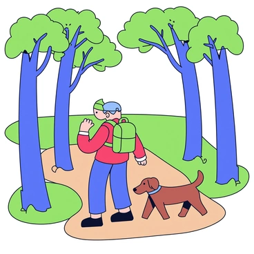 A person wearing a green backpack and a red jacket is hiking along a narrow forest trail. The trail is lined with soft brown soil and patches of green moss. Accompanying the person is a medium-sized brown dog with a wagging tail. Towering above them are tall, straight trees with lush green leaves that create a canopy overhead. Sunlight filters through the branches, casting gentle shadows on the ground.