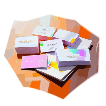 A collection of elegant business cards arranged neatly on a polished wooden desk surface. Each card showcases a distinct, sophisticated design featuring various fonts and colors. The cards are spread out in an orderly manner, with some slightly overlapping. The warm tones of the wooden desk create a rich contrast with the vibrant colors of the cards. Soft natural light illuminates the scene, casting gentle shadows that enhance the textures of the desk and the cards.