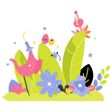 A whimsical garden filled with vibrant, oversized plants in varying shades of green, pink, and blue. There are towering flowers with multi-colored petals, some shaped like musical instruments, while others resemble whimsical animals. Small, colorful creatures with big eyes and playful expressions are scattered throughout the garden, interacting with the plants. One creature is perched on a giant leaf, while another is examining a sparkling blue flower. The ground is covered in soft, plush grass, and there are twinkling lights that seem to float in the air, adding to the enchanting atmosphere of the garden.