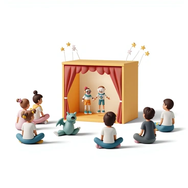 A colorful tiny stage set up in a bright room. The stage has a red curtain partially drawn back, revealing a performance area. On the stage, several finger puppets are engaged in a lively play. One puppet is a cheerful clown with a big smile and colorful clothes, while another is a wise owl wearing glasses. Nearby, a small dragon puppet with shimmering scales is flapping its wings. Each puppet is animated and expressive, showcasing a variety of poses and emotions as they perform. The audience is a group of curious children sitting cross-legged on the floor, their faces filled with delight and wonder as they watch the show. The lighting is warm and inviting, emphasizing the playful atmosphere of the scene.