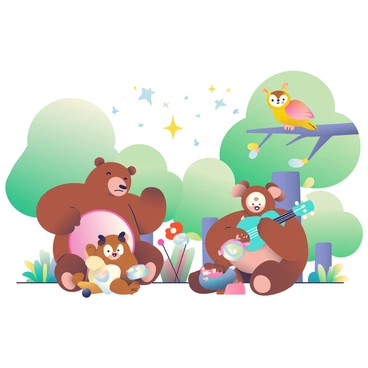 A group of animals is gathered in a lively forest, all playing various musical instruments. A brown bear is playing a large drum, while a small, cheerful squirrel is strumming a bright blue ukulele. Nearby, a graceful deer is playing the flute, and a wise old owl is perched on a branch, tapping a tambourine with its wings. The forest is filled with lush green trees, and the ground is covered in soft grass and colorful wildflowers. Above them, the sky is filled with twinkling stars, casting a gentle glow on the scene and illuminating the joyful expressions on the animals' faces.