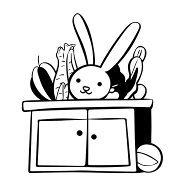 A rabbit with long ears is partially visible as it peeks out from a wooden cupboard. The cupboard is filled with an assortment of vegetables, including carrots, bell peppers, and cucumbers, all arranged in a way that emphasizes their shapes and textures. The rabbit is surrounded by the vibrant forms of the vegetables, which create a dynamic and engaging composition.