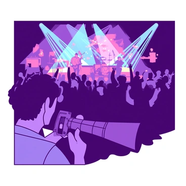 A vibrant scene captures a live concert as seen from the audience. In the foreground, a person is holding a camera with a long telephoto lens, focusing intently on the stage. The audience is a mixture of fans, some with their hands raised, cheering and enjoying the performance. On stage, a band is playing energetically, with bright lights illuminating the area. The background features a colorful array of stage lights, casting a dynamic atmosphere over the crowd.
