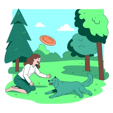 A teal fluffy dog is playfully chasing a bright orange frisbee thrown by "Marie," who is laughing joyfully. They are in a green park with tall trees providing shade, their leaves varying in shades of green. The sun is shining brightly, casting gentle shadows on the grass, where Marie is kneeling down to greet her dog. In the background, a few small white clouds are visible in a clear blue sky.