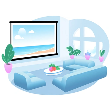 A spacious yacht's entertainment room features a large projection screen mounted on the wall. The screen displays an inviting scene of a tropical beach. In front of the screen, there are several plush, modern couches arranged in a semi-circle, upholstered in soft fabric. A stylish coffee table sits in the center, adorned with vibrant, tropical-themed decorations. Large windows surround the room, allowing natural light to flood in and providing a view of the calm ocean outside. Decorative elements such as potted plants and marine-inspired artwork enhance the nautical theme.