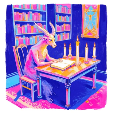 A figure resembling "Baphomet" is seated at a wooden table in a dark library. The room has towering bookshelves filled with various old, dusty books. The figure has goat-like features and is adorned with esoteric symbols. It is holding an "old, dusty book" open in its lap. The light of a flickering "candle" illuminates the scene, casting shadows on the surrounding shelves. There are several other candles placed around the table, adding to the dim atmosphere. An ornate rug covers the floor beneath the table, and an intricate tapestry hangs on the wall behind.