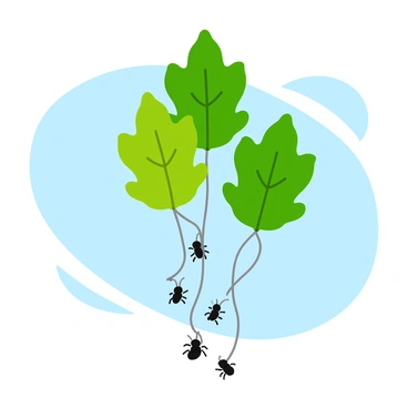 A group of small ants is floating in the air, each attached to a colorful balloon made from vibrant green leaves. The leaves are shaped like various types of foliage, such as maple and oak, and they sway gently as the ants dangle below them. The ants are detailed, showcasing their small bodies and antennae. The scene is bright and playful, with a clear blue sky in the background enhancing the whimsical atmosphere.
