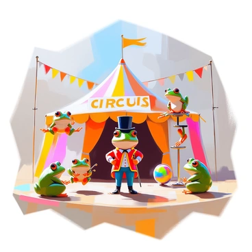A vintage circus scene featuring a ringmaster frog standing confidently in front of a colorful tent. The ringmaster frog is wearing a small top hat and a red coat with gold trim, holding a baton in one hand. Surrounding the ringmaster are several acrobatic frog performers, each in mid-action; one frog is leaping gracefully through the air, another is balancing on a unicycle, and a third is performing a handstand on a colorful ball. The ground is covered with sawdust, and the atmosphere is lively, filled with excitement as other amphibians watch the performance. Banners flutter above, showcasing the circus name in elegant lettering.