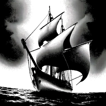 A ghostly pirate ship sailing through turbulent, misty seas