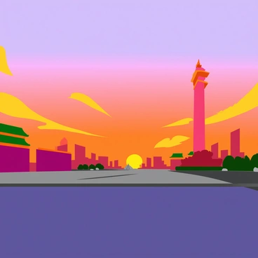 A panoramic view of "Tiananmen Square" during "sunset" featuring striking colors in the sky as the sun dips below the horizon. The scene includes a silhouette of the "Monument to the People's Heroes" standing tall in the foreground. The monument is intricately detailed, showcasing its impressive structure against the warm hues of the sunset. The square is empty, providing a sense of openness, with the surrounding buildings softly illuminated by the fading light.