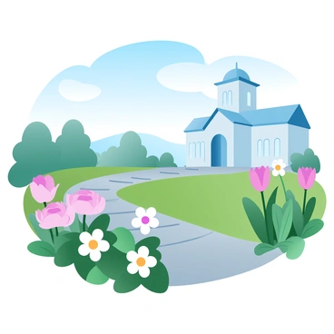 A tranquil garden adjacent to a synagogue with blooming flowers