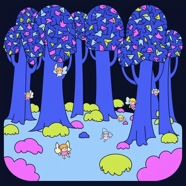 A dense forest filled with tall, slender trees that have colorful, glowing leaves. The ground is covered with soft moss in various shades of green. Brightly colored plants emit a gentle glow, illuminating the surroundings with soft light. Various mythical creatures, such as small fairies with delicate wings and tiny sprites, peek out from behind the trunks of the trees and from under the leaves. The atmosphere is filled with a sense of wonder and enchantment.