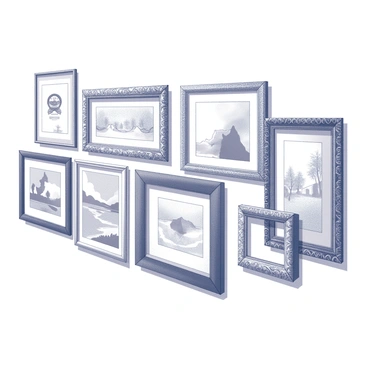 A gallery wall displaying several ornate frames, each containing a distinct illustration that has received an award. The frames are intricately designed with detailed embellishments, showcasing a variety of styles and themes in the illustrations. The wall is arranged in a balanced manner, with some frames larger than others, but all are evenly spaced to create a cohesive look. The illustrations feature a range of subjects, from whimsical characters to intricate landscapes, all drawn with fine lines and detailed shading. Each frame enhances the beauty of its illustration, creating an engaging visual experience for viewers.