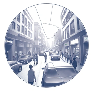 A busy street filled with pedestrians and vehicles. The street is lined with shops displaying various goods. The scene is observed through a broken glass lens, creating a fractured view that distorts the shapes and movements of the people and cars. Reflections and fragments of the buildings are visible, making the atmosphere appear chaotic, as light interacts with the cracks in the glass.