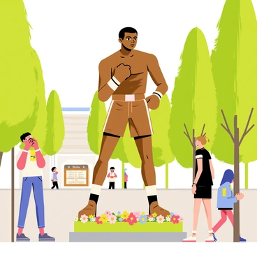 A majestic statue of a famous boxer stands proudly in a public square. The statue is crafted from shiny bronze, showcasing the boxer in a dynamic pose with clenched fists, radiating strength and determination. The figure is carefully detailed, highlighting the muscular definition of the boxer's arms and the focused expression on his face. Surrounding the statue are neatly arranged flower beds filled with colorful blooms, and beside it, a small plaque bears the boxer's name and achievements. The square is lively, with people walking by, some stopping to admire the statue and take pictures. Tall trees provide a green backdrop, complementing the vibrant atmosphere of the space.