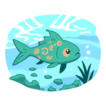 A teal Magikarp is swimming gracefully in a clear river, its scales reflecting the sunlight. The fish is adorned with unique, intricate patterns of orange swirls and spots that are characteristic of the Paldea region. The riverbed is visible beneath, featuring smooth stones and patches of green aquatic plants. Small bubbles rise around the Magikarp as it moves, creating a sense of motion in the water. The background showcases a gentle flow of the river with hints of white water cascades in the distance.