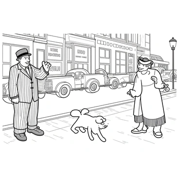 A bustling street scene set in the 1920s featuring a group of cartoon characters. In the foreground, a tall man in a pinstripe suit and a bowler hat is tipping his hat to a woman wearing a flapper dress with fringe and a feather headband. She is holding a small handbag and smiling playfully. Nearby, a dog with exaggerated features is playfully chasing its tail. The background shows classic vintage cars parked along the cobblestone street, with shopfronts displaying retro signage. A lamppost is positioned to one side, casting a whimsical shadow on the scene. The entire illustration is in black and white, capturing the essence of a lively era.