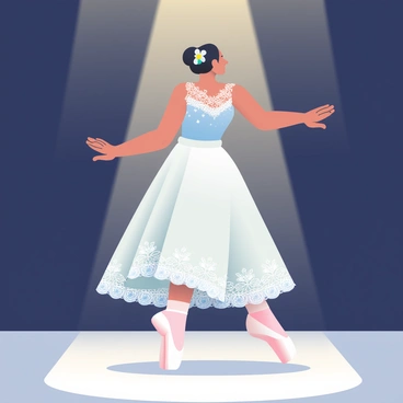 A ballet dancer with light skin is stepping gracefully onto the stage. She is wearing an elegant costume adorned with intricate lace and sequins, featuring shades of soft blue and white. Her hair is styled in a neat bun, embellished with small white flowers. The stage is illuminated with warm spotlighting that highlights her poised silhouette against the dark backdrop. The dancer's arms are extended elegantly, and her toes are pointed as she prepares to begin her performance.