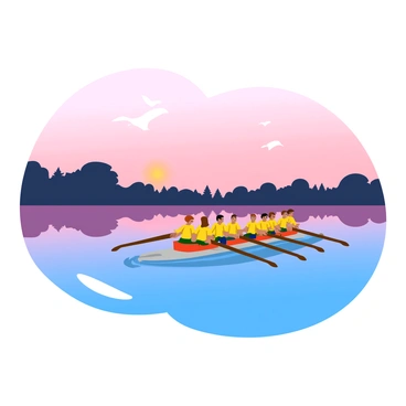A rowing team in matching uniforms is synchronized as they glide across a calm lake at dawn. The water is smooth and reflects the soft colors of the early morning sky, with hues of pink and orange illuminating the scene. Each rower is focused, their oars dipping rhythmically in and out of the water. In the background, silhouettes of trees line the shore, and a few early birds can be seen flying overhead. The atmosphere is tranquil, capturing the essence of a serene morning.