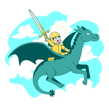 A yellow cartoon knight wearing shiny armor is confidently riding a teal dragon with large, flapping wings. The dragon is soaring through a bright sky filled with fluffy white clouds. The knight holds a gleaming sword high above his head, and both the knight and the dragon have determined expressions on their faces. Sunlight beams down, illuminating the scene and creating a sense of adventure as they fly together among the clouds.