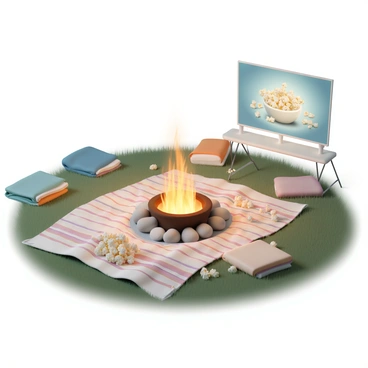 A cozy outdoor movie setup on a grassy lawn. In the center, there is a large fire pit with glowing embers, surrounded by smooth stones. Nearby, a large blanket is spread out, featuring a colorful pattern. On the blanket, there is a bowl of freshly popped popcorn, spilling slightly over the edge. Several smaller blankets, in various colors, are casually placed around the area. In the background, there is a projector screen displaying a classic movie, casting a soft light. The scene is illuminated by the warm glow of the fire and the soft lighting from the projector.