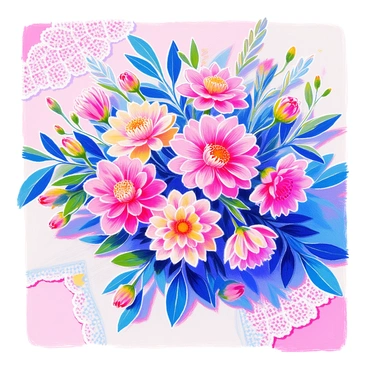 A bouquet of "pink dahlias" is arranged with lush green foliage, showcasing their vibrant petals. The flowers are tied with a delicate "ribbon" that adds a soft touch. The bouquet is resting on a "white lace cloth" that features intricate patterns, enhancing the elegance of the display. Soft natural light gently illuminates the scene, creating subtle shadows that add depth to the arrangement.