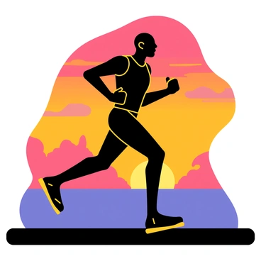 A silhouette of "Usain Bolt" in a running pose, highlighting his athletic form and posture. The background features a "dramatic sunset" with vibrant orange, pink, and purple hues blending across the sky. The sun is low on the horizon, casting a warm glow that outlines the silhouette. The ground beneath him is a dark outline, contrasting with the bright colors of the sunset, emphasizing the movement and speed of the runner.