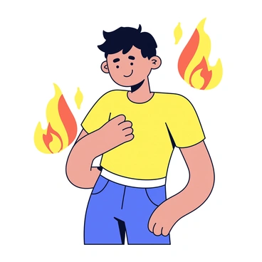 A person standing with a slightly bent posture, surrounded by a soft, glowing flame aura. The aura, in shades of orange and yellow, gently flickers around the person, suggesting warmth and energy. The individual has short dark hair and wears a fitted, short-sleeved shirt. The expression on their face is focused and determined. The environment around them is simple, allowing the flame aura to stand out distinctly.