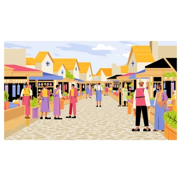 A medieval market set with vendors selling wares, cobblestone paths, and townsfolk in period attire