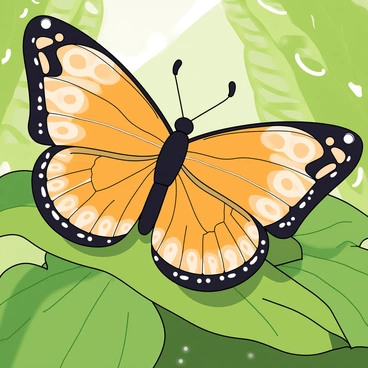 A large butterfly with vibrant wings that have intricate patterns. The wings feature a texture reminiscent of seashells, showcasing swirls and lines in soft pastel colors. The butterfly is perched on a bright green leaf, allowing its wide wings to spread out gracefully. Sunlight filters through the leaves, creating soft shadows on the butterfly's wings. Tiny droplets of water are visible on the leaf, adding a fresh touch to the scene.