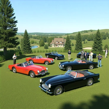 A gathering of luxury vintage cars displayed in a picturesque countryside setting. The scene features several classic cars, including a shiny red convertible and a sleek black coupe, parked on a grassy expanse. Surrounding the cars are tall, green trees and rolling hills under a clear blue sky. Some car owners stand proudly beside their vehicles, engaging in conversation, while others take photographs of the stunning cars. In the background, a quaint farmhouse and a small pond reflect the beauty of the countryside. The atmosphere captures a sense of elegance and nostalgia.