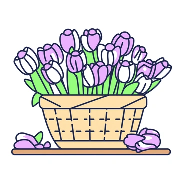 A woven basket is filled to the brim with freshly cut ranunculus flowers. The flowers feature tightly coiled petals in various stages of bloom, showcasing their distinctive shapes. The basket is made of natural materials, displaying intricate woven patterns. Surrounding the basket, some petals have fallen onto a wooden surface, adding to the abundance. The scene captures the vibrant yet delicate nature of the ranunculus flowers, arranged in an inviting display.