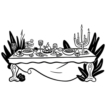 A long, elegantly carved wooden table set with intricately designed goblets and a variety of beautifully arranged dishes. There are platters filled with fruits, nuts, and exotic delicacies. Silverware with ornate patterns is placed neatly beside each dish. Lush greenery surrounds the table, while candles flicker softly, casting gentle shadows on the table surface. Delicate fabric drapes elegantly over the table, enhancing the opulent atmosphere.