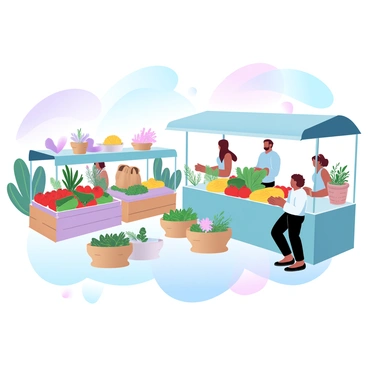 A farmers market in the city filled with various colorful stalls showcasing fresh produce. Stalls are adorned with an array of fruits and vegetables, including bright red tomatoes, vibrant green cucumbers, and sunny yellow squash. Vendors are standing behind their stalls, engaging with customers while showcasing their goods. Baskets filled with herbs and flowers add additional color to the scene. Textures of wooden crates and burlap bags are visible throughout the market, enhancing the natural feel of the environment. The atmosphere is lively, with people walking around, browsing the produce, and exchanging goods.