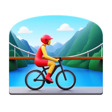 A cyclist wearing a bright red helmet and a matching cycling outfit is riding a sleek sports bike. The bike has aerodynamic features and thin tires designed for speed. Below, a wide river flows, reflecting the sunlight. The long suspension bridge is made of steel cables and wooden planks, stretching across the river. Towering mountains can be seen in the background, partially covered in greenery. The sky is clear with a few scattered clouds, adding depth to the scene. The cyclist is pedaling with determination, making the most of the picturesque surroundings.