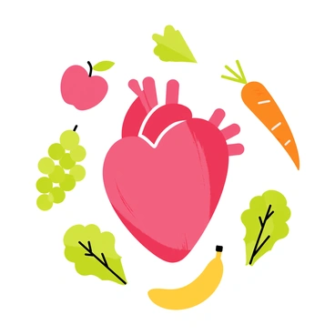 A realistic human heart with detailed anatomical features is positioned at the center of the image. Surrounding the heart are various fruits and vegetables, including a bright red apple, a bunch of green grapes, a vibrant orange carrot, leafy kale, and a yellow banana. Each fruit and vegetable is depicted with vivid colors and textures to emphasize their freshness and health benefits. The arrangement is balanced, creating a visually appealing display that highlights the theme of health and nutrition.