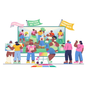 An art installation is set up at a rally, creating an inviting atmosphere for community engagement. The installation features a large, colorful mural depicting diverse community members engaged in various activities, such as planting trees and sharing stories. There are vibrant banners with phrases like "Together We Thrive" and "Community First" fluttering in the gentle breeze. In front of the mural, individuals of different ages and backgrounds are interacting, some painting on smaller canvases, while others are writing messages on colorful sticky notes. The ground is covered with bright carpet tiles that create a lively pathway leading to the installation.