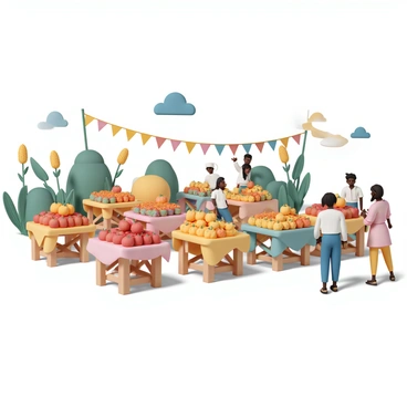 A vibrant harvest festival scene featuring an array of colorful fruits and vegetables arranged in bountiful displays. There are bright red apples, yellow bananas, and orange pumpkins neatly stacked on wooden tables. Each table is adorned with colorful tablecloths, and nearby, there are people dressed in traditional attire chatting and enjoying the festivities. In the background, there are decorative hay bales and corn stalks, along with festive banners hanging overhead. The sky is clear blue, and the atmosphere is filled with a sense of joy and celebration.