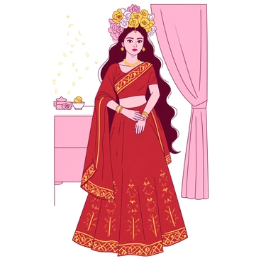 A modern Indian bride is standing elegantly in a traditional red and gold lehenga embellished with intricate designs. She is wearing a floral crown made of bright yellow marigolds and soft pink roses, which sits gracefully atop her long, dark hair. The bride's makeup is radiant, highlighting her eyes with kohl and her lips with a soft pink shade. She has gold jewelry adorning her ears, neck, and wrists, complementing her attire. In the background, there are subtle hints of a festive atmosphere, such as soft drapery and decorative lights.