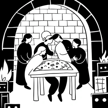 A dimly lit cellar with stone walls and a low ceiling. A wooden table sits at the center, surrounded by several handmaids in flowing garments. They lean towards each other, their heads close together as they share whispered plans. In the background, shadows from flickering candles cast dramatic shapes on the walls. A tattered map is spread out on the table, with various markings and notes. There are old crates stacked against one wall, adding to the secretive atmosphere of the scene. The overall composition emphasizes the close interaction and secrecy among the handmaids.