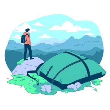 A teal sac-à-dos is laying on the ground with one strap draped over a rock. Next to it, a hiker is standing, gazing out over a majestic panoramic view from the mountaintop. The hiker is wearing a bright orange jacket and is looking towards a distant range of mountains that are partially shrouded in mist. The ground is covered in patches of green grass and scattered rocks, creating a rugged landscape. The sky above is filled with soft white clouds, adding depth to the scene.