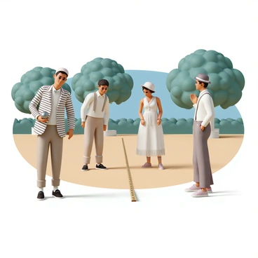 A group of four players dressed in 1920s attire, standing on a sandy playing field. One male player is wearing a striped blazer, a bow tie, and a flat cap, holding a silver petanque ball in his right hand while preparing to throw. Another male player, dressed in a white shirt and suspenders, is bending down to measure the distance with a wooden measuring tape. A female player in a flapper dress, adorned with fringe and pearls, stands with her arms crossed, observing the game with a smile. The fourth player, wearing a cloche hat and a patterned blouse, is clapping her hands, encouraging her team. Surrounding them are trees with lush green leaves under a clear blue sky. The scene captures a lively atmosphere with each player focused on the game.